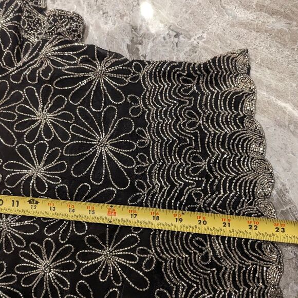 Papell Boutique Evening 100% Silk Black Fully Beaded Short Sleeve shirt Blouse L - Picture 10 of 14
